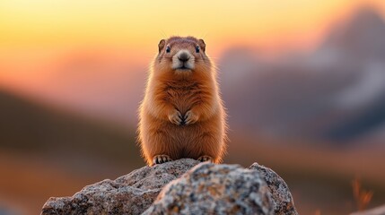 A charming ground squirrel stands on a rock at sunset, radiating a sense of curiosity and innocence, highlighting the beauty of wildlife in its natural habitat and golden hour.