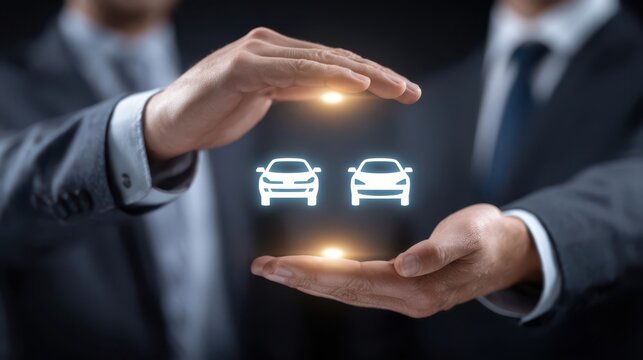 Hands protecting digital car icons symbolizing auto insurance security, car insurance coverage or automotive technology platforms.