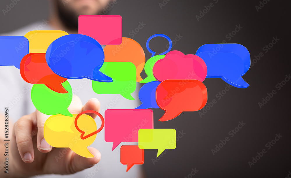 Poster abstract image of colorful speech bubbles representing communication, feedback, and online conversat