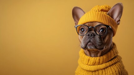 This adorable French bulldog models a cozy yellow sweater and matching beanie while wearing stylish glasses, showcasing a blend of cuteness and fashion in a vibrant setting.