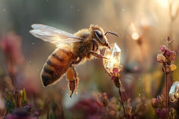 Bee holds a glowing crystal near meadow flowers during a sunny day amid rumors of abnormal weather cataclysms and rare weather events
