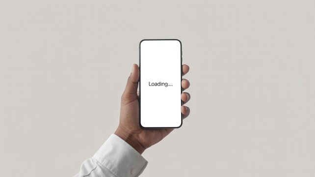 Hand holding smartphone with loading screen over plain background in minimalist technology composition.