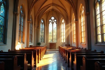 A peaceful and serene church interior, bathed in sunlight streaming through stained-glass windows Perfect for themes of faith, spirituality, and worship , cross, traditional