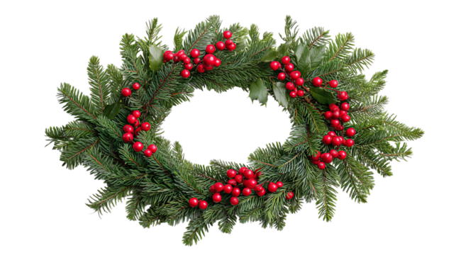 Christmas wreath with red berries and pine branches.