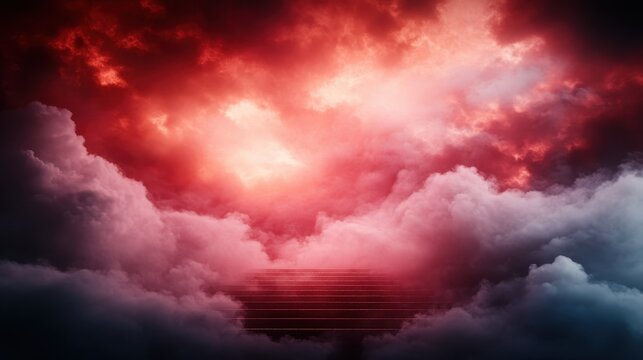 An enchanting scene featuring swirling red clouds, creating a mystical ambiance filled with drama and emotion, provoking a sense of mystery and wonder.