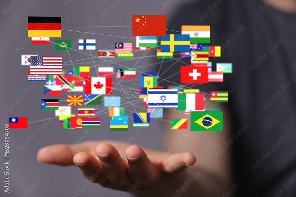 Poster Image of many flags interconnected, symbolizing global connections and international relations.