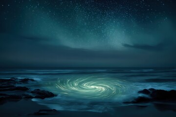 Obraz premium Mysterious swirling light vortex appears in the ocean under a starry night sky, creating an unusual and potentially catastrophic natural phenomenon
