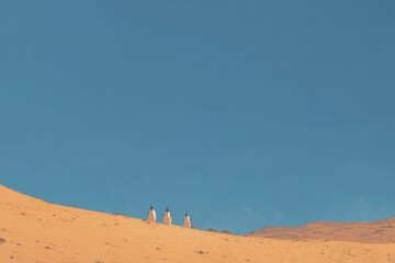 Penguins wander across arid dunes on the red sand of a vast desert underneath an extremely blue sky at midday