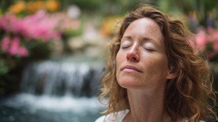 Closeup of a woman with her eyes closed, peacefully meditating in front of a calming waterfall, surrounded by beautiful trees and flowers.