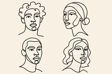 Minimalist Continuous Line Drawing of Diverse Faces Portrait Illustration Set