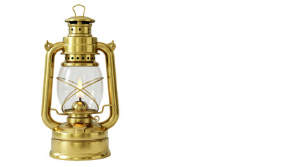 Isolated Golden Kerosene Lantern with Burning Flame