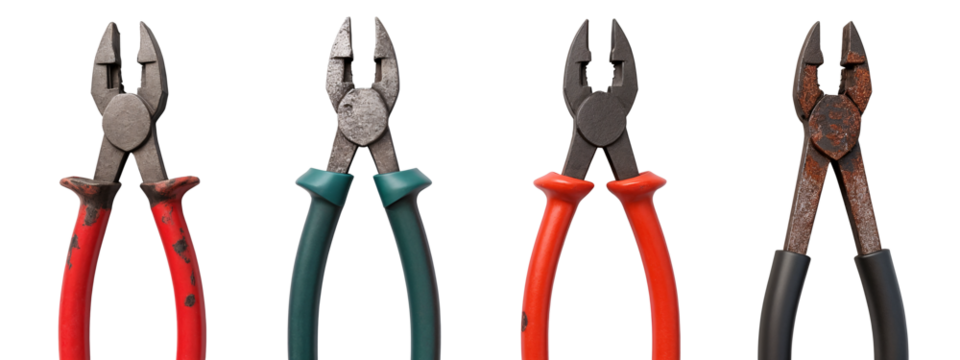 A set of four different colored pliers
