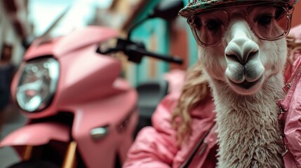 Obraz premium A whimsical scene featuring a llama wearing sunglasses and stylish attire, sitting beside a trendy pink scooter in a colorful urban environment, showcasing fun and creativity.