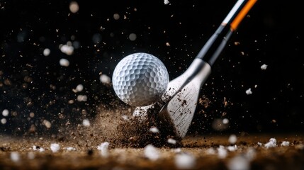 An action-packed image capturing the precise moment a golf club strikes a ball, sending dirt and debris flying, emphasizing the energy and skill involved in golfing.
