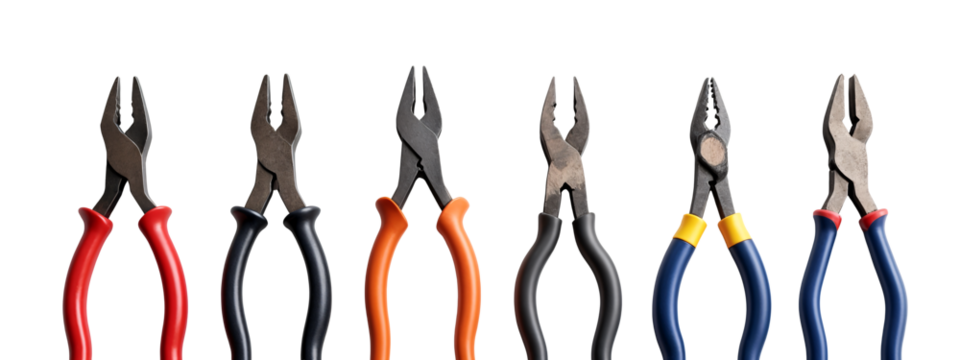 A row of different colored wire cutters lined up in a row.