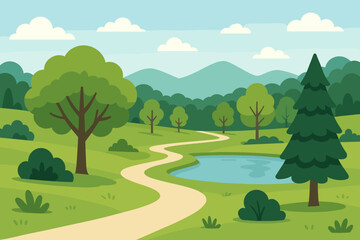 Obraz premium Flat Style Green Landscape with Trees and Path to the Lake Illustration