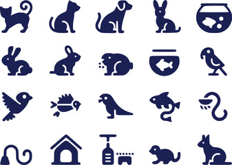 Fototapeta premium Pet Animal Silhouettes Icon Set Cats Dogs Fish Small Animals Vector