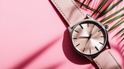 This stylish watch is set against a vibrant pink backdrop, beautifully complemented by a green palm leaf shadow, creating a striking visual contrast for fashion lovers.