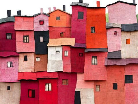 Stylized urban landscape depicting stacked buildings in vibrant color blocks