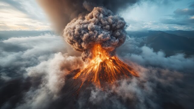 Witness the dramatic eruption of a volcano, belching ash and lava into the sky, capturing nature&rsquo;s raw power and beauty in a stunning geological spectacle.