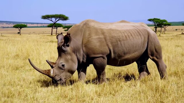 Rhino moves across dry savannah, horn heavy and curved with time, rhino embodies strength, rhino connects past survival, rhino walks in golden heat, timeless wildlife symbolism.