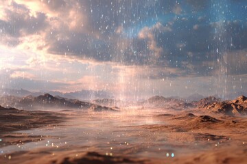 Unusual weather phenomena featuring reverse rainfall in desert landscape near mountain range during daytime, raindrops ascend upwards towards sky