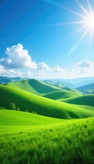 Fototapeta premium A serene, sun-drenched landscape featuring rolling green hills under a vibrant blue sky, dotted with fluffy white clouds Perfect for travel, nature, and idyllic scenery themes , grass, outdoor