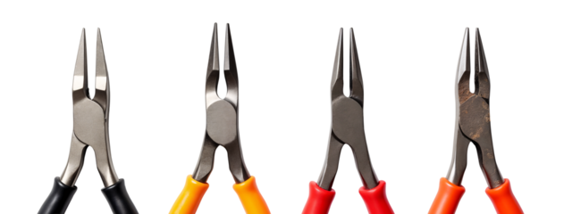 A row of four different colored pliers