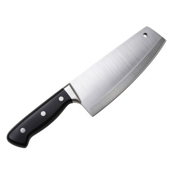 A sharp kitchen cleaver with a black handle and three rivets, featuring a wide, stainless steel blade designed for chopping and cutting.