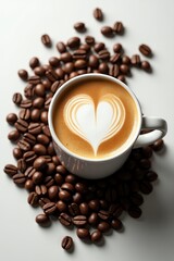 Obraz premium Aromatic Latte Art Coffee Cup Surrounded by Roasted Coffee Beans