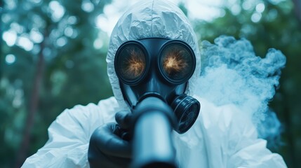 A striking image of a figure in a gas mask, aiming a weapon while shrouded in smoke, evoking themes of fear, protection, and uncertainty in a mysterious forest environment.