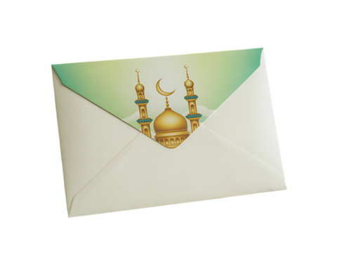 Islamic envelope with mosque illustration.