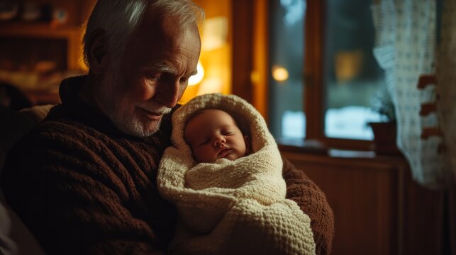 Grandfather holding baby wrapped in a blanket, cozy indoor lighting, generative ai