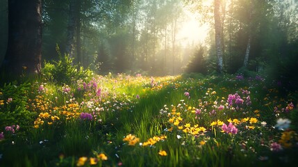 Obraz premium Vibrant Spring Meadow In Sunlit Forest