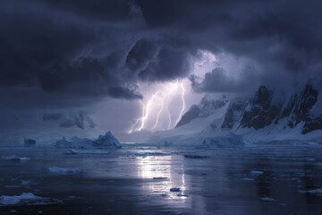 Lightning strikes over Paradise Bay in Antarctica during a severe storm with towering icebergs visible in the ocean water