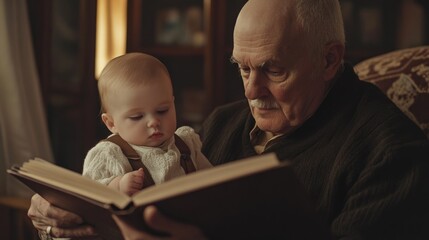 Fototapeta premium Grandfather showing a photo album to his baby, nostalgia, warmth, generative ai