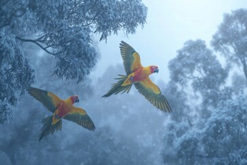 Colorful parrots take flight through a rare snowy canopy in an unusually cold environment during an unexpected weather event