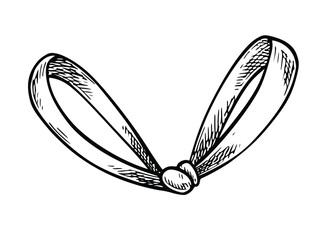 Vector outline illustration of Bow in sketch vintage style for wedding greeting cards, stationery, or baby party invitations. Linear drawing of Ribbon painted by black inks. Etching for party design.