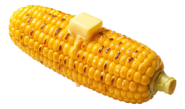 Grilled corn on the cob topped with melting butter on transparent background.