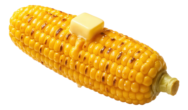 Grilled corn on the cob topped with melting butter on transparent background.