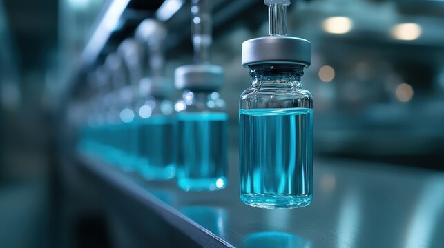 An intricate close-up of a glass vaccine vial filled with blue liquid, emphasizing the innovation and importance of medical advancements in healthcare and treatment. - Powered by Adobe
