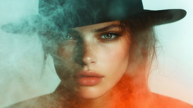 A striking portrait of a mysterious woman whose piercing gaze captivates amid swirling smoke, evoking notions of intrigue, allure, and an enigmatic beauty.