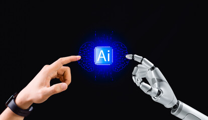 Businessman touching AI agent. AI powered solution improves efficiency, decision making, automates daily tasks. Modern technology concept with multiple AI agents.