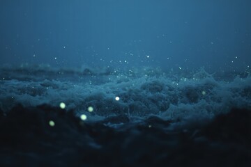 Unusual waves crash on black sand beach during rare weather event at twilight with sparkling droplets creating a surreal atmosphere