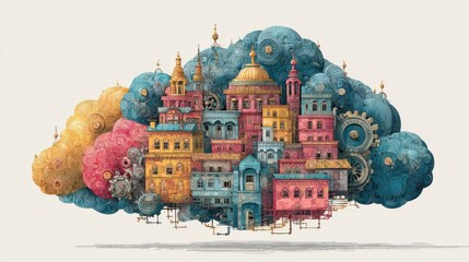 Conceptual visualization clouds and trees in a surreal aerial scene
