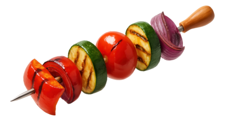 Grilled vegetable skewer featuring red bell pepper, zucchini, tomato, and red onion with a wooden handle on transparent background.