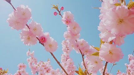 Pink Cherry Blossoms in Full Bloom Against a Blue Sky