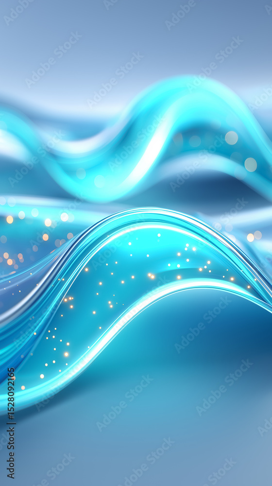 Poster fluid motion of translucent blue waves adorned with sparkling particles. ethereal setting with soft 
