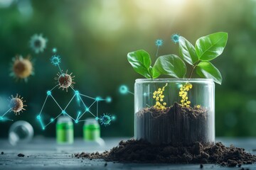 Green plants growing in soil inside transparent laboratory container surrounded by digital virus and molecule graphics symbolizing biotechnology and plant immunity