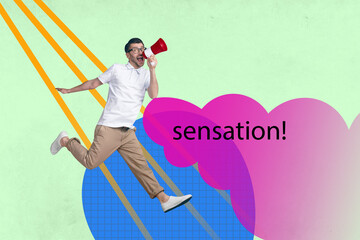 Composite trend artwork sketch photo collage o young guy girl proclaim loudspeaker breaking news sensation word demonstration
